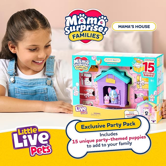 Little Live Pets Puppy House Playset, Mama Surprise Families Puppy Party Pack, 15 Mini Collectible Puppies, Fold-Out Playset, Miniature Toys, Gift for Kids 5+