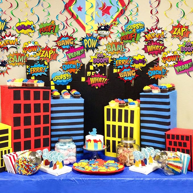 Superhero Hanging Swirls 30 Pack Hero Action Sign Foil Ceiling Hanging Swirls Streams Banner Decor Garland for Kids Superhero Baby Shower Celebrating Events Birthday Party Supplies Room Wall Decor