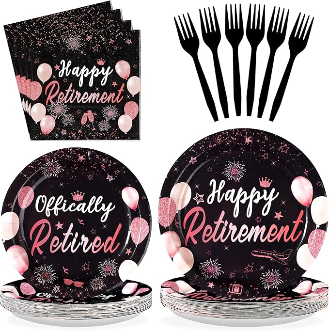 96Pcs Retirement Party Decorations Black Rose Gold Retirement Plates and Napkins Tableware Set Officially Retired Party Decoration for Women Going Away Graduation Farewell Birthday Supplies Serves 24