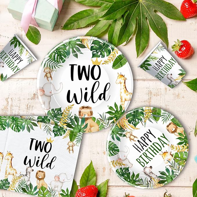 Jungle Animal Theme Two Wild Birthday Plates And Napkins Party Supplies - Safari Party Decorations For 2-Year-Old Birthday, Plate, Cup, Napkin | Serve 24