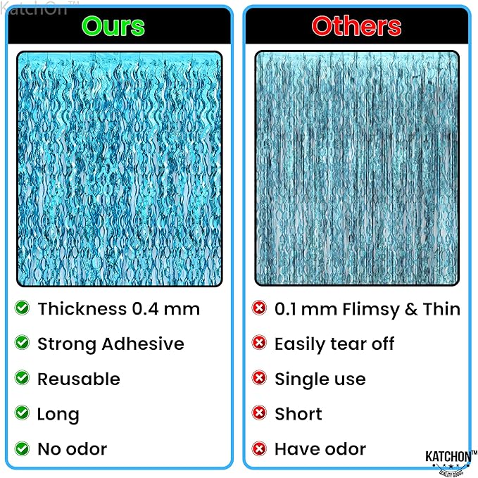 Katchon, Xtralarge Wavy Blue Foil Fringe Curtain - Pack of 2 | Blue Streamers for Under The Sea Party Decorations | Foil Fringe Backdrop for Birthday, Cruise Door Decorations, Pool Party Decorations