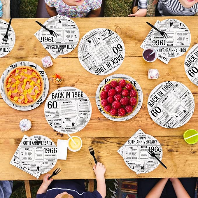 96Pcs 60th Anniversary Party Decor Vintage Back in 1966 Plates and Napkins Black White 60th Disposable Paper Tableware Set for Men Women Wedding Anniversary Birthday Party Supplies Serves 24