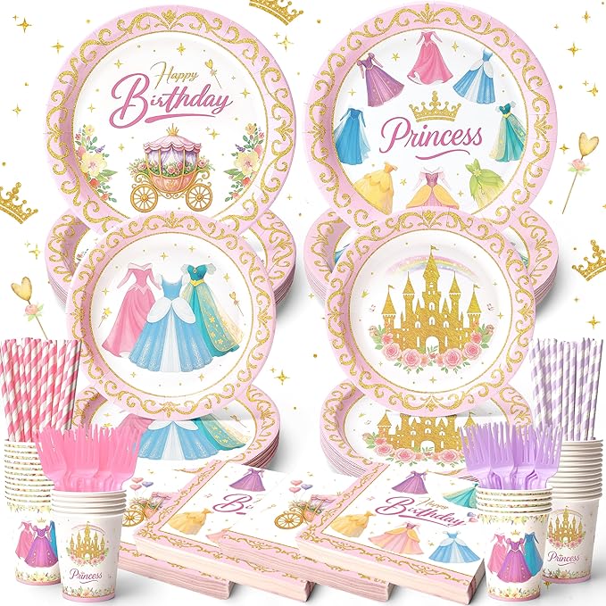 144 Pcs Princess Paper Plates Napkins, Birthday Party Supplies Include Forks Cups Straws, Summer Party Tableware Set for Kids, Serves 24 Guests