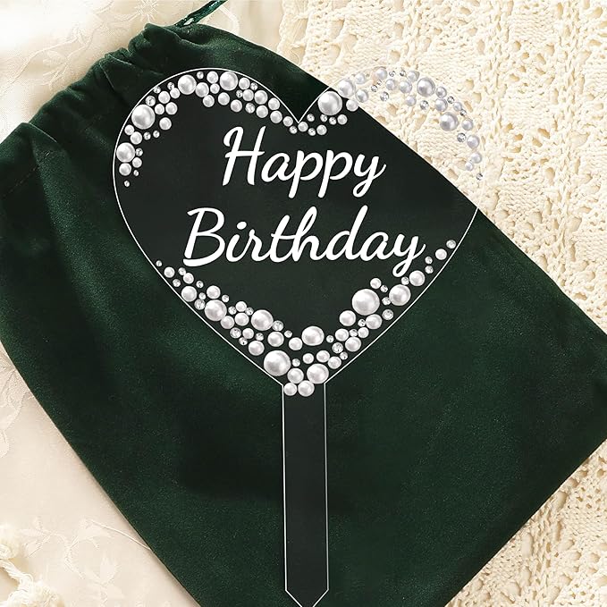 Coucoland Happy Birthday Cake Topper - Heart Acrylic Cake Decor with Sparkling Rhinestones and Pearls for Party Supplies