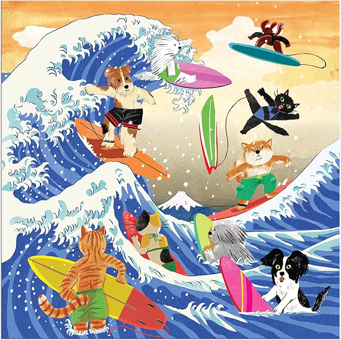 Galison The Great Surf – 500 Piece Jigsaw Puzzle Featuring Beautiful Artwork of Cats and Dogs Surfing Waves
