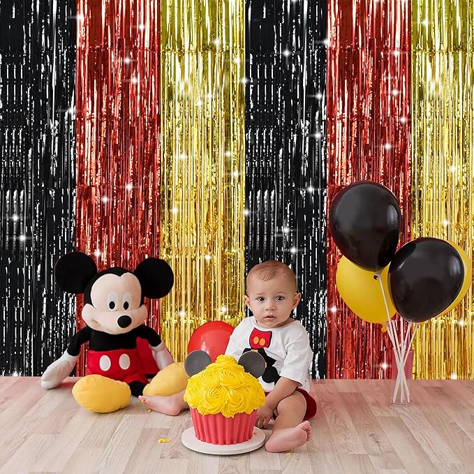 TONIFUL Black Red Gold Door Streamers,Black Red and Gold Photo Booth Backdrop Metallic Streamers Foil Fringe Curtain for Mouse Themed Birthday,New Year,Graduation,Baby Shower Party Decoration