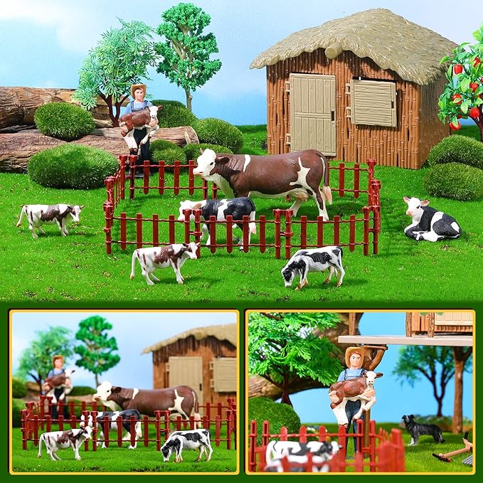 Zomiboo 17 Pcs Cow Toys Figurine Corral Fence Toys Realistic Farm Figures Barn Animals Plastic Cow Farm Figurine Gift Keepers Animal Figurines for Preschool Educational Christmas Decorations