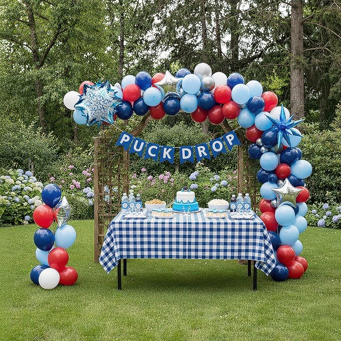 Hockey Birthday Party Decorations & with Red White Blue balloon arch & Snowflake printed Exploding stars Foil balloons for Kids Fans Boys Game Time Winter sports Themed Party Decor Supplies