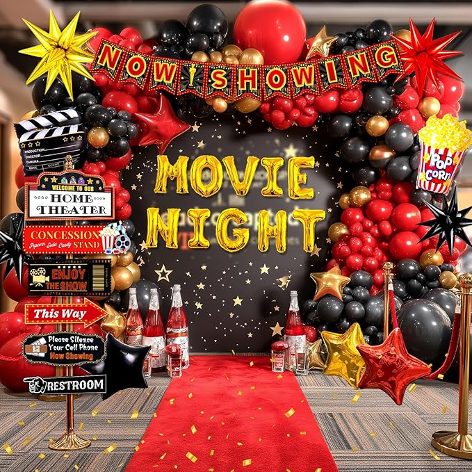 150pcs Movie Night Decorations, Movie Themed Party Decorations, Movie Theater Decor Balloons Arch, Now Showing Popcorn Concessions Banner, Foil Balloons for Movie Night Birthday Party Decorations