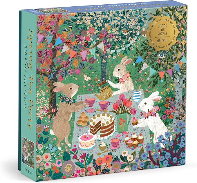 Galison Spring Tea Party – 500 Piece Foil Jigsaw Puzzle Featuring Beautiful Artwork of Rabbits Enjoying A Tea Party