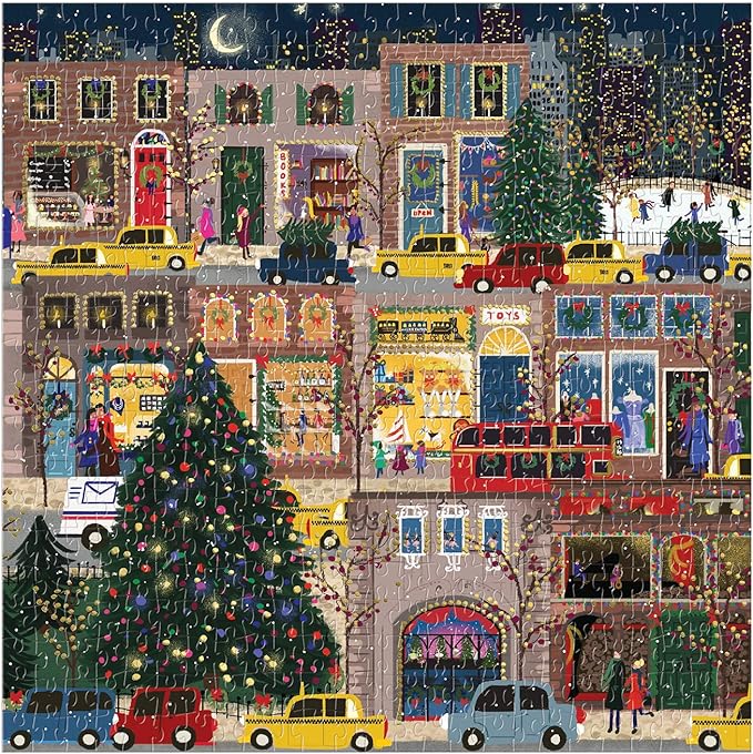 Galison Winter Lights Foil Puzzle, 500 Pieces, 20” x 20” – Holiday Jigsaw Puzzle Featuring a Festive City Scene by Joy Laforme – Thick, Sturdy Pieces, Challenging Family Activity, Great Gift Idea