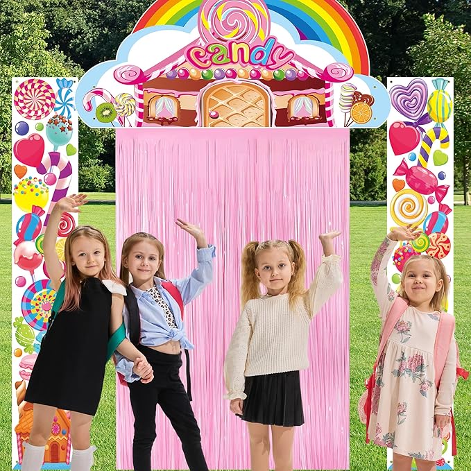 Crenics Candyland Party Decorations, 3Pcs Candyland Door Covers with Foil Fringe Curtain for Kids Candy Land Party Supplies