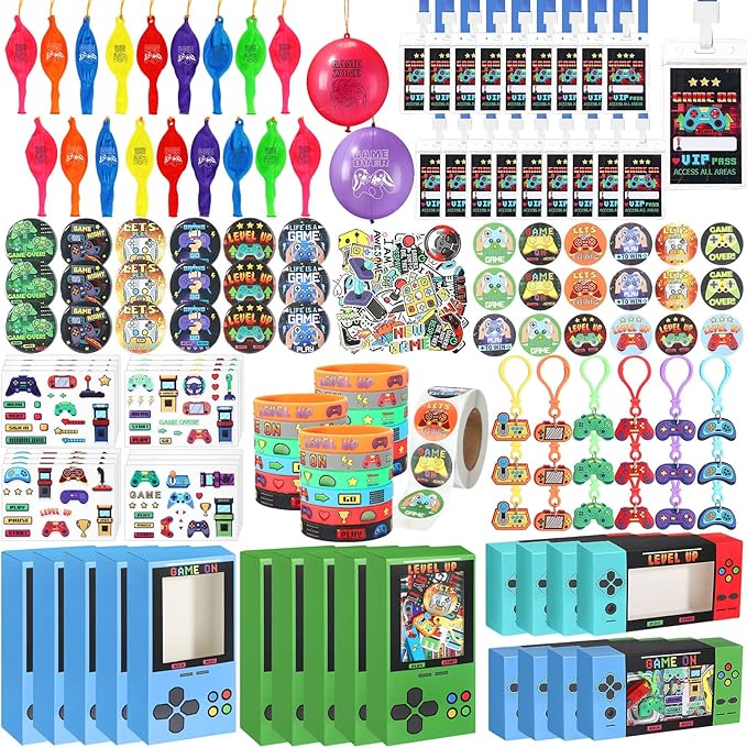 195 Pcs Video Game Party Favors for Kids Gamer Goodie Bag Stuffers Gaming Birthday Party Supplies with Gift Boxes, VIP Pass, Balloons, Bracelets, Keychains, Badges, 3D Stickers (Colorful)