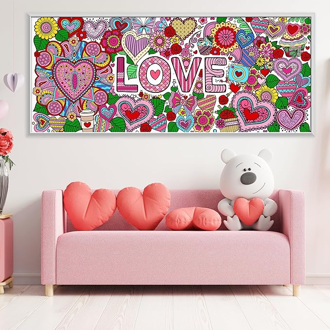 Jumbo LOVE Mandala Coloring Poster - Valentine’s Day Heart Flower DIY Drawing Color-in Paper Blank Art Banner 55.1 x 23.6 Inch Wall Decor, Home Classroom Activity for Kids Party Supplies