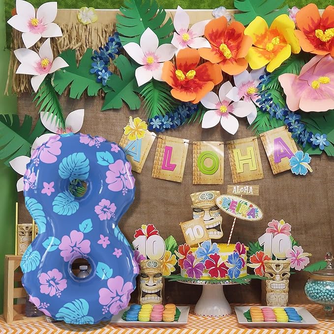 40 Inch Number 8 Balloon Leaf and Flower Birthday，8th Birthday Decorations for Kids' Parties Hawaii Party Supplies Favor Pink and Blue