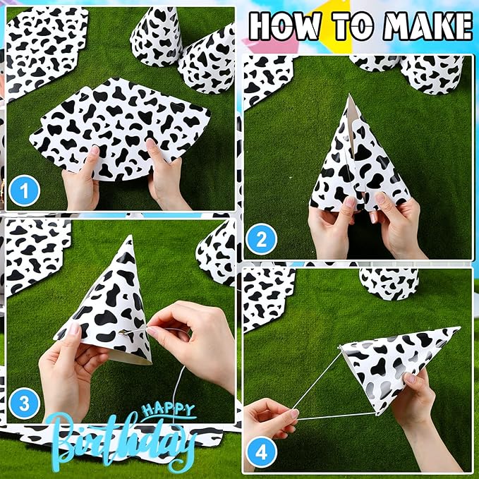 Teling 30 Pieces Birthday Party Hats Car/Cow Themed Paper Cone Hat Birthday Party Supplies Decorations for Kids(Milk Cow)
