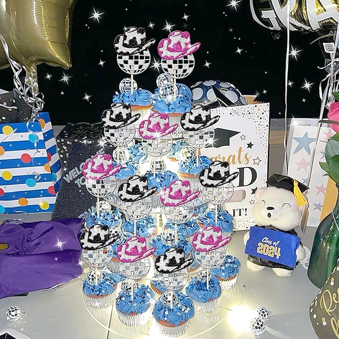 24 PCS Glitter Western Cowboy & Cowgirl Hat Cupcake Toppers - Disco Ball Picks for 70s Disco Music Theme Party Supplies