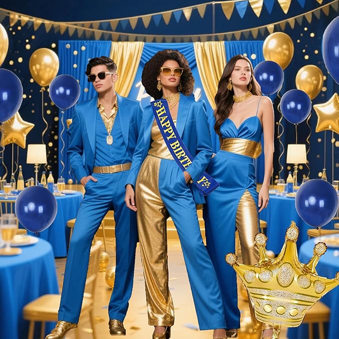 Blue And Gold Birthday Decorations for Men,Fringe Curtains Happy Birthday Banner,Red balloons,Cake Toppers for Boys