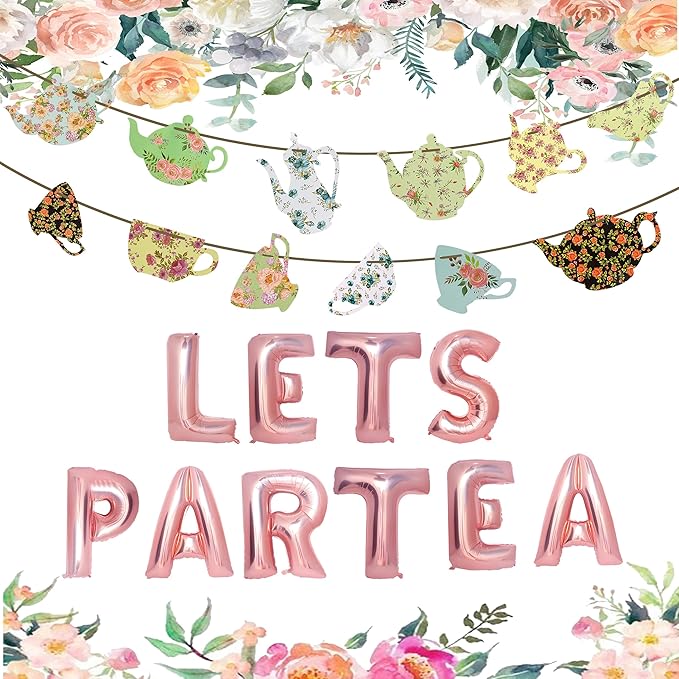 Let's Par Tea Decorations Tea Party Balloons Banner LET'S Par-Tea Foil Balloon Floral Teapots Teacups Balloons Banner Teacup banners for Birthday Baby Shower Wedding Party Supplies