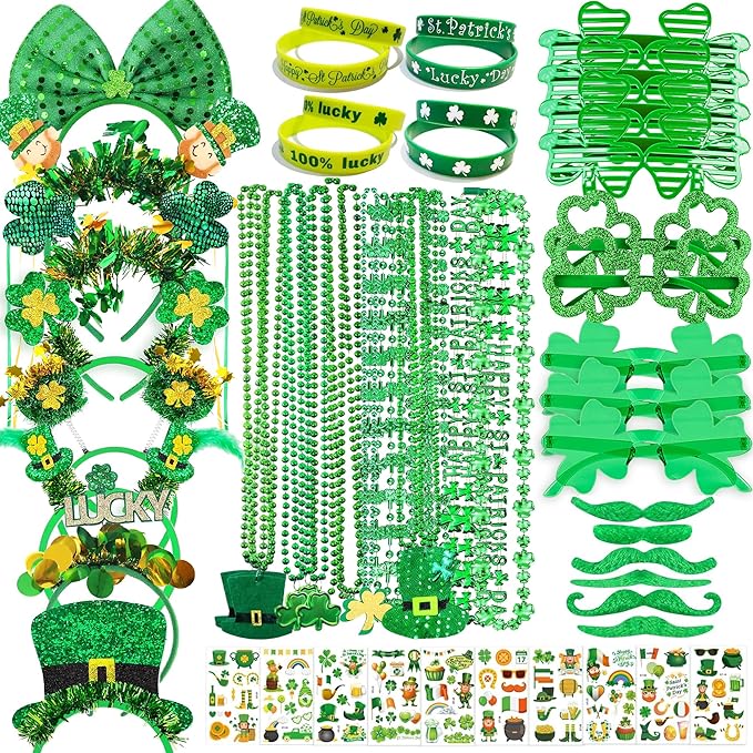 146 PCS St. Patrick's Day Accessories Party Favor Set, Shamrock Headbands, Clover Glasses, Bead Necklaces, Rubber Bracelets, Temporary Tattoos & Mustaches, Irish Green St Patrick’s Day Party Supplies