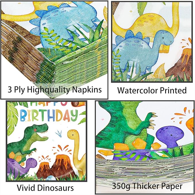 40 Pcs Dinosaur Plates and Napkins, Watercolor Dinosaur Birthday Party Supplies, Theme Party Decoration, for Boys Kids