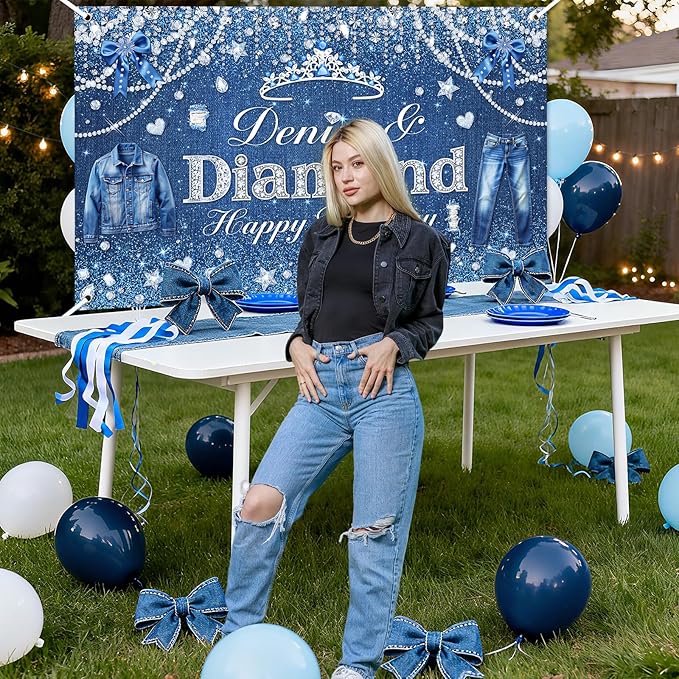 Avezano Denim and Diamonds Birthday Party Decorations Birthday Backdrop for Women Denim and Diamond Happy Bday Banner Crystal Party Supplies 6 x 3.6 ft