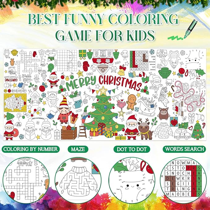 Giant Coloring Poster for Kids, 30x72 Inch Merry Christmas Large Coloring Tablecloth Banner, Color-in Activities Games for Kids School Classroom Home Party Supplies Decorations