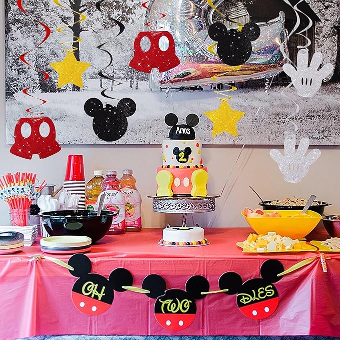 BEISHIDA 16 Pcs Mouse Hanging Swirl Decorations, Pre-Strung Mouse Birthday Party Decorations Red Gold Black Mouse Themed Birthday Party Supplies for Kids