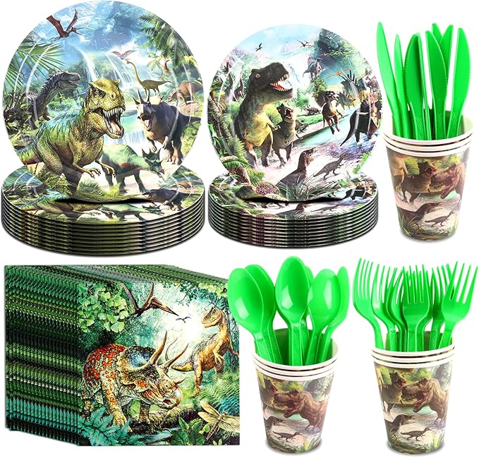 Dinosaur Birthday Decorations, Dino Theme Party Supplies&Decorations Set Include Banner Tablecloth Balloons Cake Toppers Plate Napkin for Kids Party