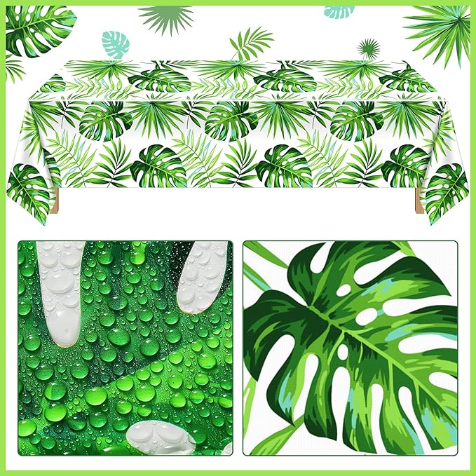 Tatuo 2 Pieces Palm Leaf Table Covers Hawaii Green Leaves Tablecloths Tropical Leaf Table Cloths and 2 Pieces Palm Leaves Banners Decorations for Tropical Party Decorations