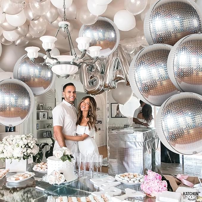 KatchOn, Large Silver Disco Ball Balloons - 22 Inch, Pack of 6 - Metallic Silver Balloons | Silver Mylar Balloon for Graduation Decorations 2026 | Round Foil Balloon for Bachelorette Party Decorations