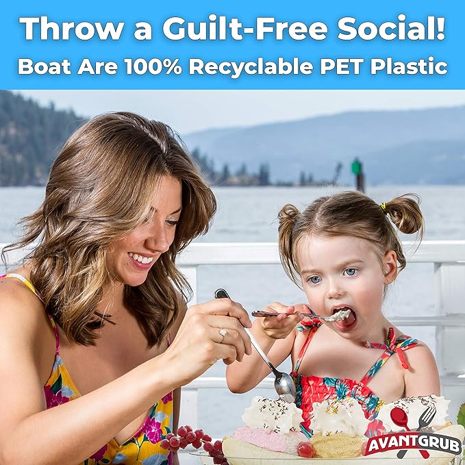 Super Fun Recyclable 8oz Banana Split Boats 250 Pack. Durable, Disposable Ice Cream Sundae Bowls. Perfect Plastic Cups for Social Event or Kids Birthday Party. Great Clear Dessert Tray for Carnivals.