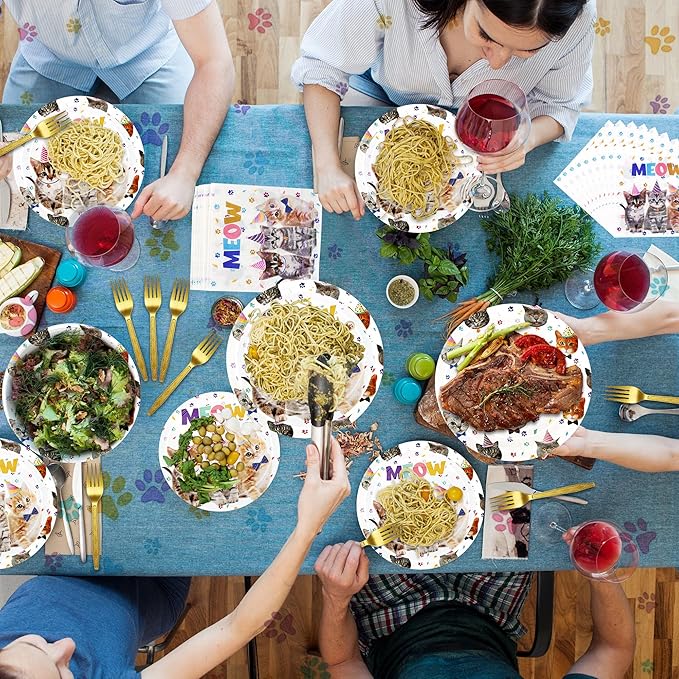 CANREVEL 96 PCS Cat Party Plates Serve 24, Cat Plates and Napkins Forks Set, Disposable Tableware for Birthday Supplies Party Decorations for Grils Women Boys Men