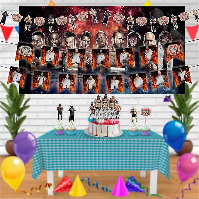 WWWE Theme Birthday Party Supplies – Wrestling Birthday Decorations for Boys Party Pack, Wrestler Cake Toppers, Banners & Garland - Birthdays Decoration Set.