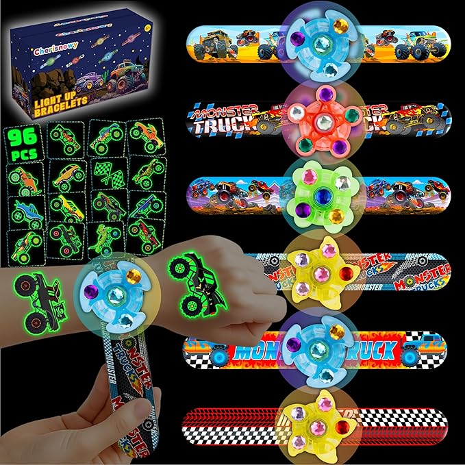 144PCS Monster Truck Party Favors for Kids, 96 Glow Tattoos Pre-cut + 24 Slap Bracelets + 24 Light Up Spinning Toys, Birthday Goodie Bag Stuffers, Stocking Stuffers, Glow in The Dark Supplies
