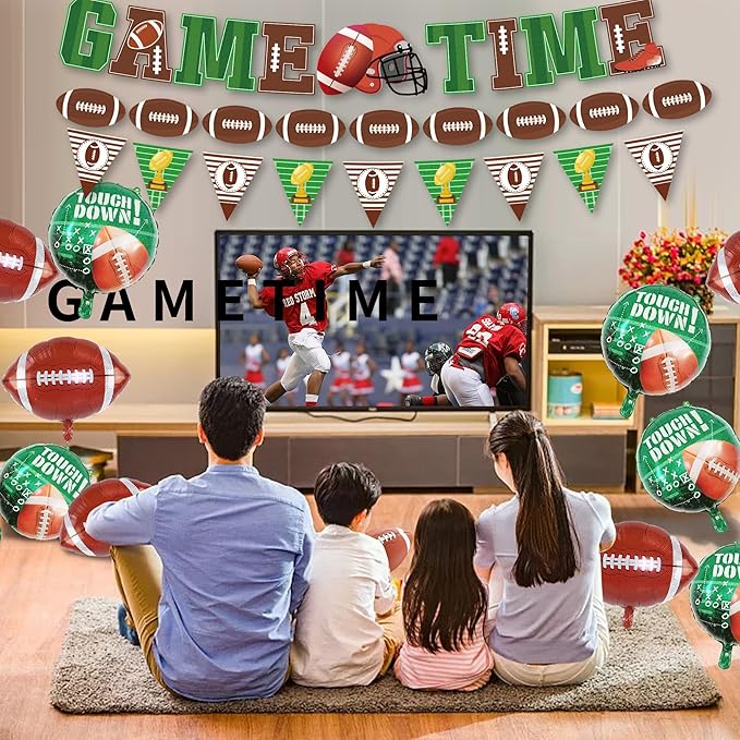 Football Theme Party Supplies, Party Kit Including "GAME TIME" Banners - 6 Pcs Round 'Touchdown!' Foil Balloons - 6 Pcs Football Foil Balloons, Game day, Tailgate Decorations