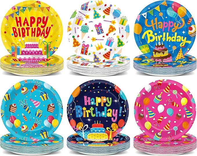 60Pcs Happy Birthday Plates Party Supplies 7” Colorful Birthday Plates Colorful Happy Birthday Tableware Party Decorations for Kids Boys Girls Birthday Cake Dinnerware Party Favors for 60 Guest