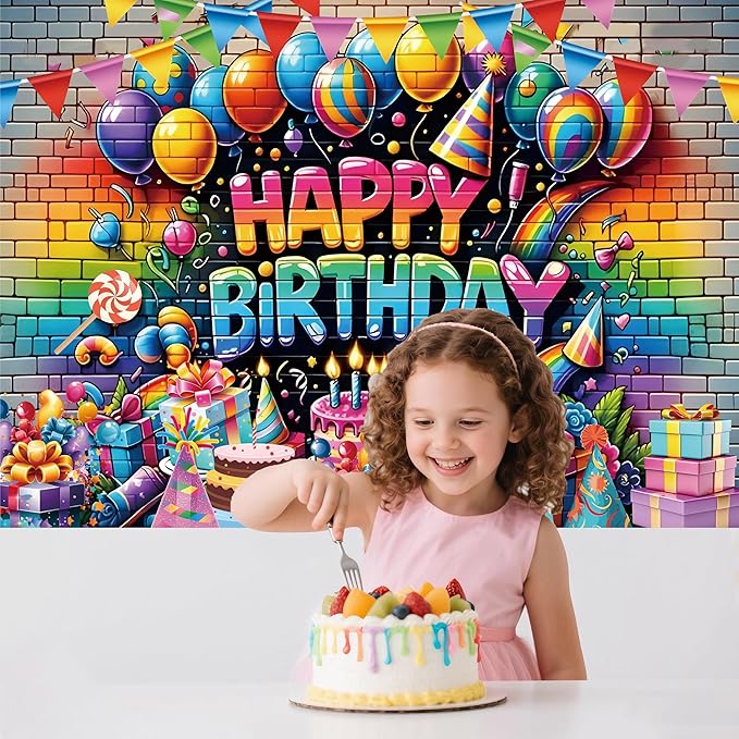 Graffiti Brick Wall Happy Birthday Backdrop Decorations Colorful Balloons Cake Gift Boxs Banner Photo Background for Home Indoor Outdoor Birthday Party Decorations Supplies for Kids 70.8 x 47.2 Inch