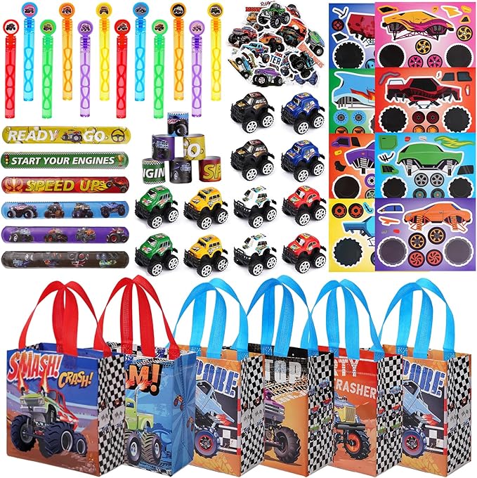 Vanblue Truck Car Party Favors Set Cars Themed Birthday Party Decorations Supplies 110Pcs Slap Bracelet DIY Sticker Gift for Boy Kids Treat Bags Stuffers Pinata Filler Classroom Rewards