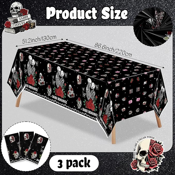 3Pcs Dark Romance Party Tablecloths - Skull Rose Gothic Party Table Cover Decoration Book Lover Theme Rectangular Plastic Disposable Table Cloth Decor for Kid Boy Girl Gothic Birthday Book Lover Event