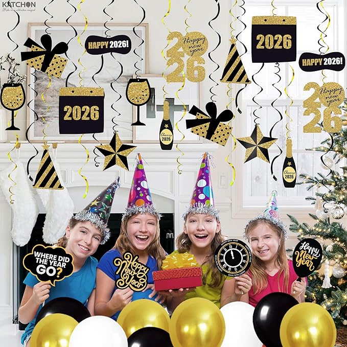 KatchOn, Happy New Year Hanging Swirls - Pack of 30, No DIY | Ceiling Decorations, New Years Eve Party Supplies 2026 | Happy New Year Decorations 2026 | NYE Decorations | New Years Eve Decorations