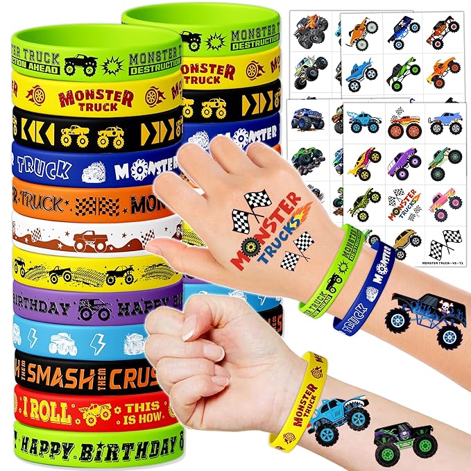 72PCS Monster Truck Party Favors for Kids - 48 Pre-Cut Temporary Tattoos & 24 Silicone Bracelets - Birthday Party Supplies, Goodie Bag Fillers, Carnival Prizes, Classroom Rewards for Boys & Girls