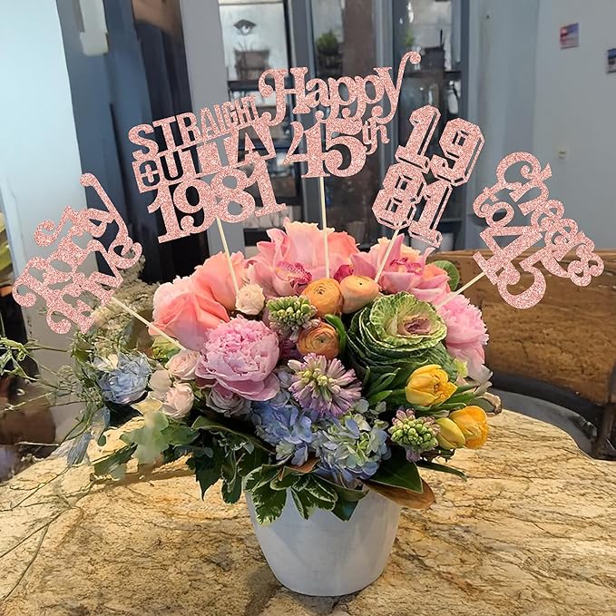 Gyufise 15Pcs Happy 45th Birthday Centerpiece Sticks Forty Five Straight Outta 1981 Table Flower Centerpieces Sticks Cheers to 45 Decorations for 45th Birthday Party Supplies Rose Gold