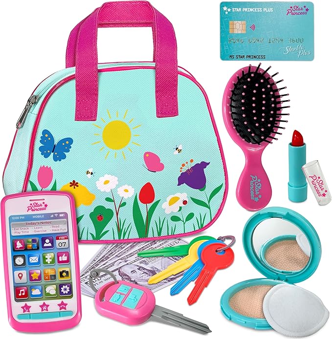 Toddler Play Purse for Kids with Accessories, Toys for Girls with Pretend Makeup, Keys, Smartphone, Dress Up Toy Purse for Toddlers and Kids - Birthday Gift for Little Toddler Girls Ages 3 4 5 6, Blue
