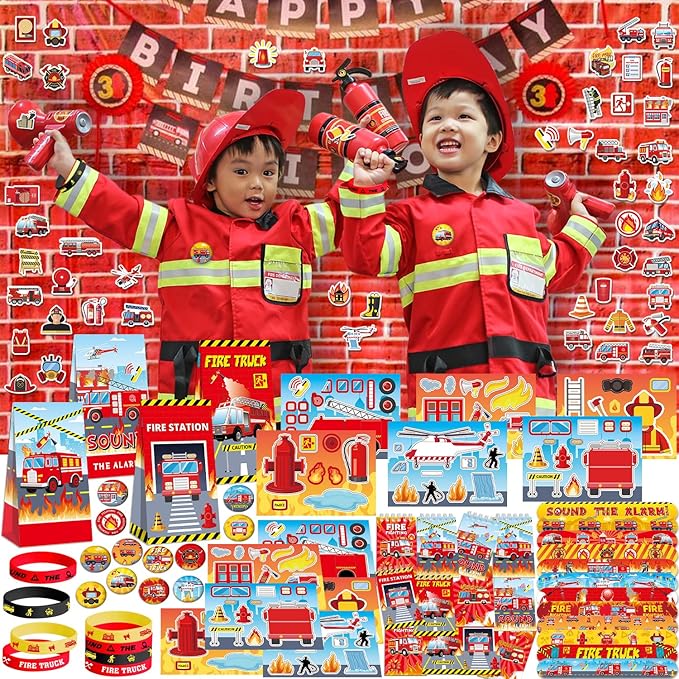 122PCS Fire Truck Party Favors, 50 Stickers, 12 Assemble Stickers, 12 Button Badges, 12 Mini Notepads, 12 Slap Bracelets, 12 Rubber Bracelets, 12 Goodie Bags for Firefighter Firetruck Party Supplies