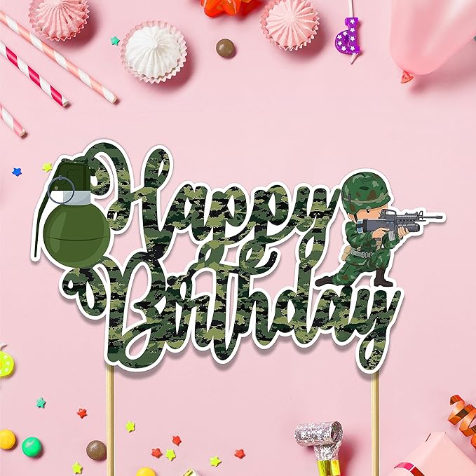Cool Army Trops Happy Birthday Cake Topper – Military Inspired Cake Decoration with Bravery, Strength & Team Spirit Theme, Tactical Style Birthday Cake Topper for Bold Party Celebration Décor