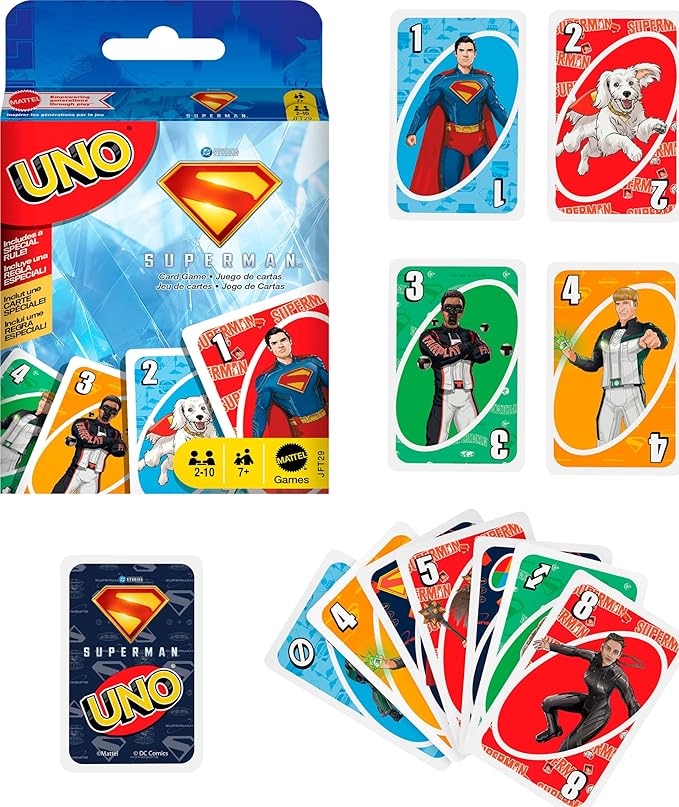 Mattel Games UNO Superman Card Game for Kids, Adults & Family Nights, Parties, Travel & Camping, Toy Collectible Inspired by The Movie