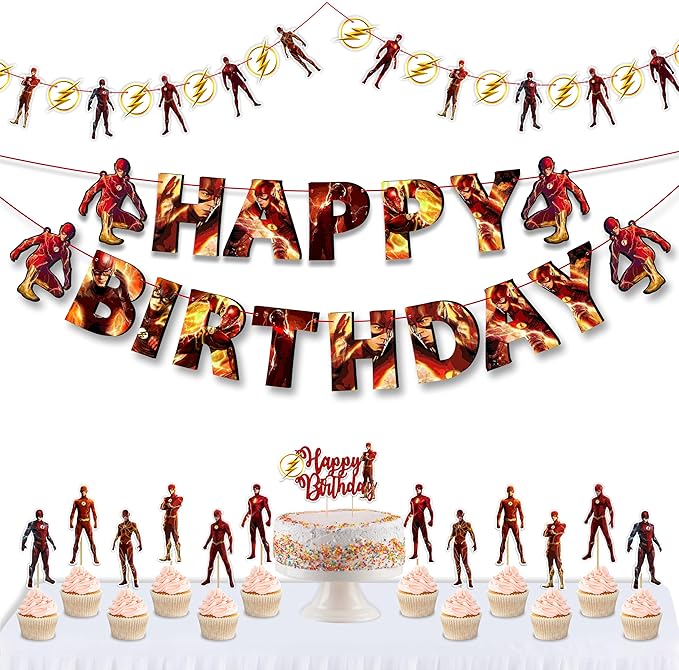 "Flsh Theme Birthday Party Supplies – Superhero Birthday Decorations Set for Boys & Girls – Includes Happy Birthday Banner, Cake Topper, Cupcake Toppers and Party Favors – Comic Theme Party Décor"