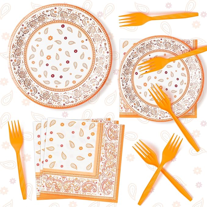 K1tpde Fall Western Bandana Party Tableware - 96PCS Orange Bandana Paper Plates Set Included Paper Plate Napkin and Fork, Disposable Dinnerware for Adult Birthday Autumn Party Decor Supplies, 24 Guest