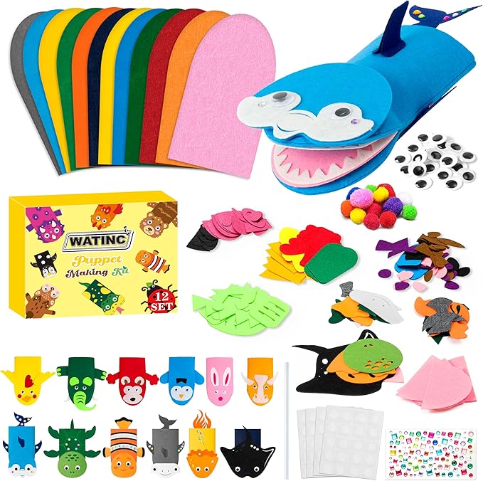 WATINC 12Pcs Hand Puppet Making Kit, Art Craft Felt Sock Puppet Toys, Creative DIY Make Your Own Pompoms Wiggle Googly Eyes Storytelling Role Play Party Supplies Gift for Girls Boys (Animals Ocean A)